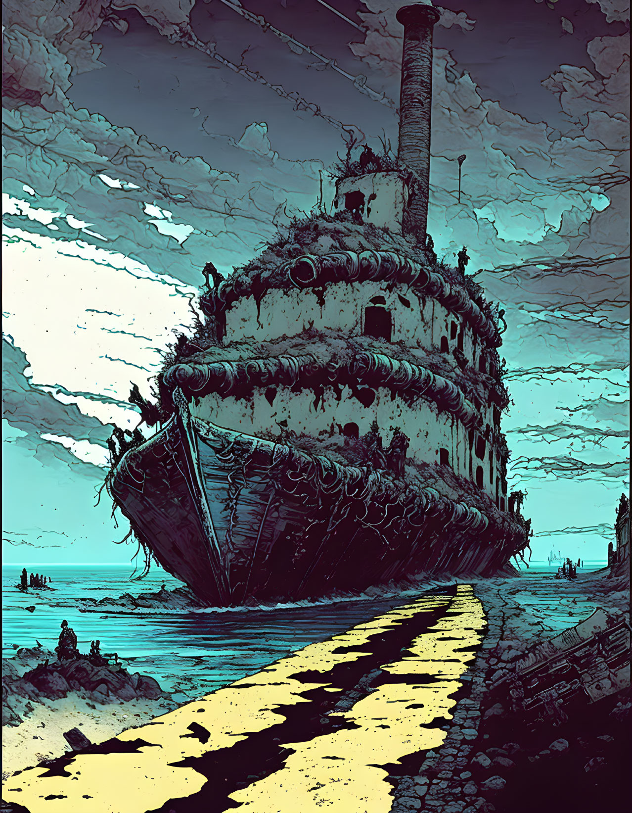 Illustration of overgrown shipwreck on shore under stormy sky