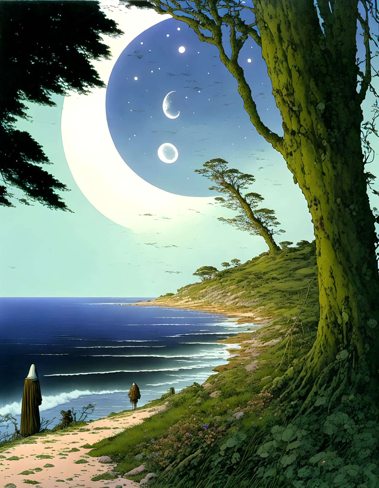 Beachside scene with oversized moon, cloaked figures, green cliff at twilight