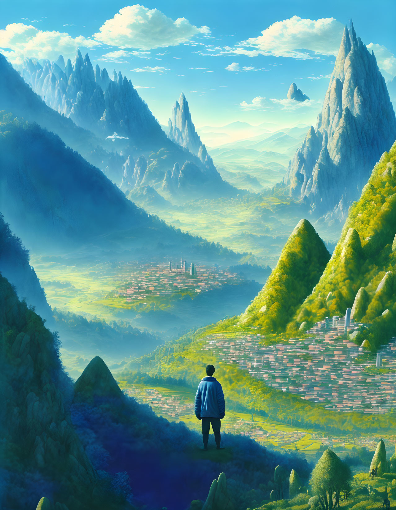 Scenic view of person overlooking vibrant valley and distant city among misty mountains