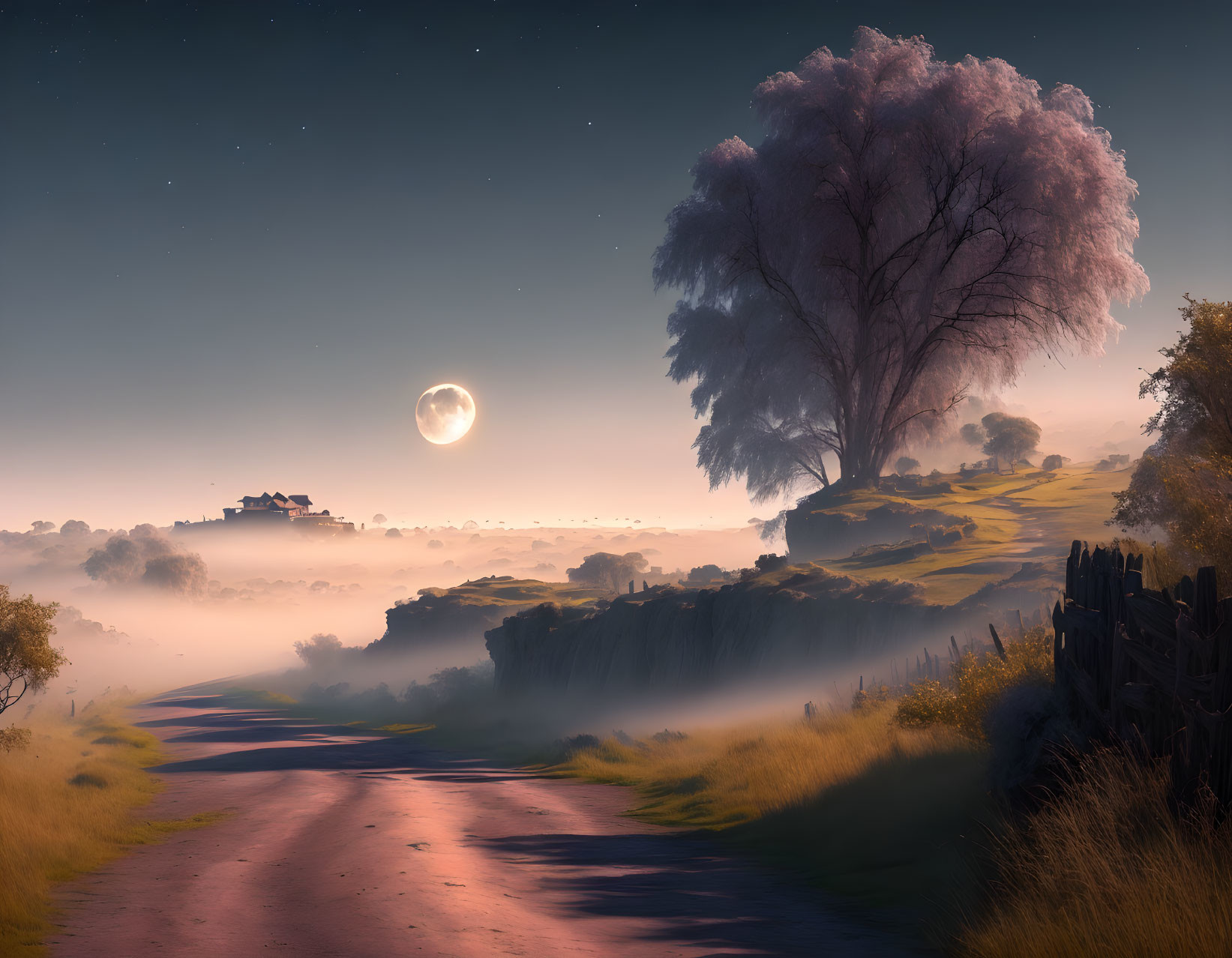 Tranquil twilight landscape with full moon, tree, fog, road, and distant house