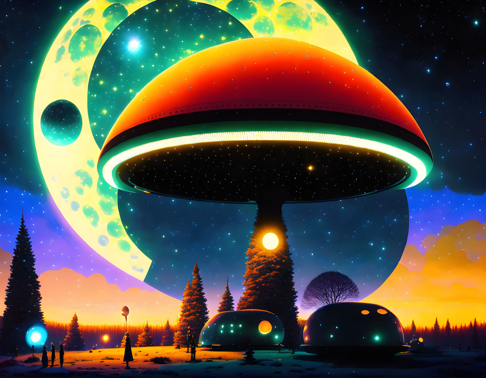 Colorful sci-fi night landscape with UFO, spacecraft, planets, stars, and trees.