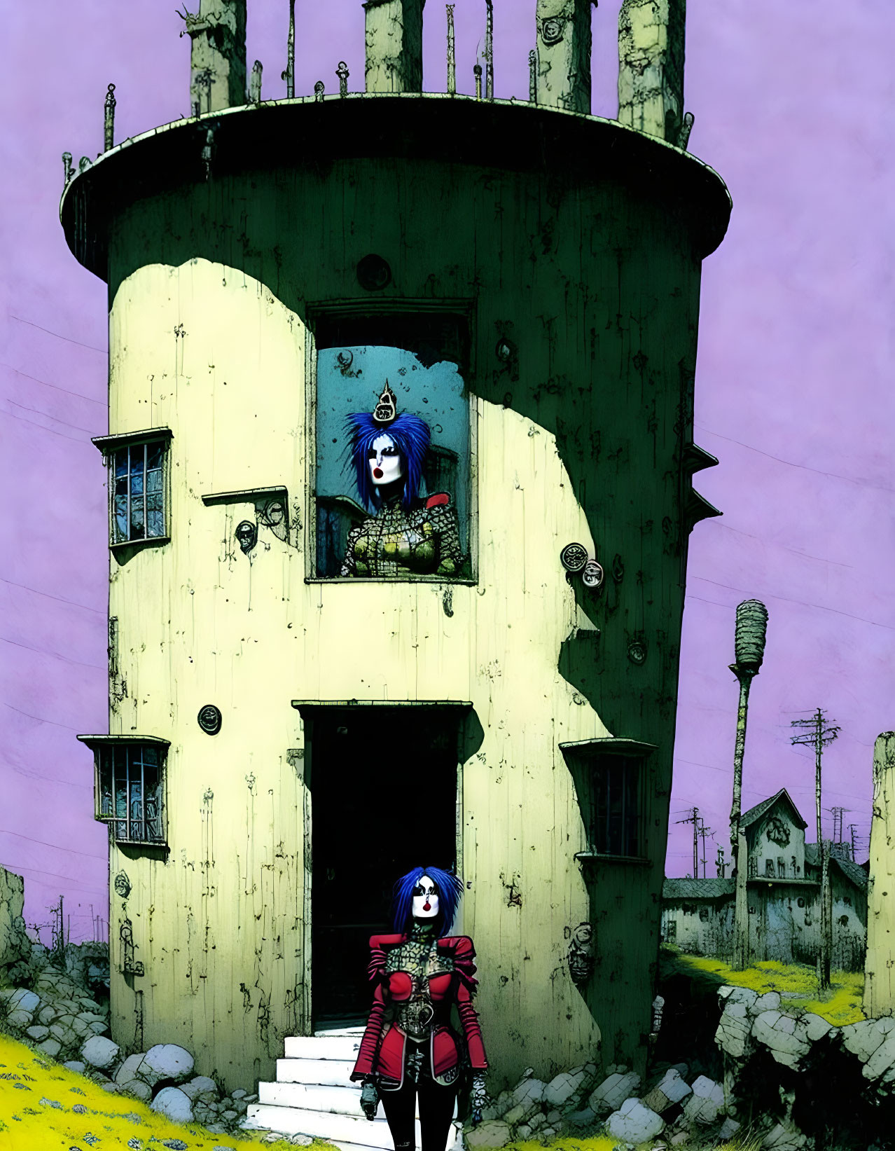 Stylized gothic characters in front of dilapidated tower