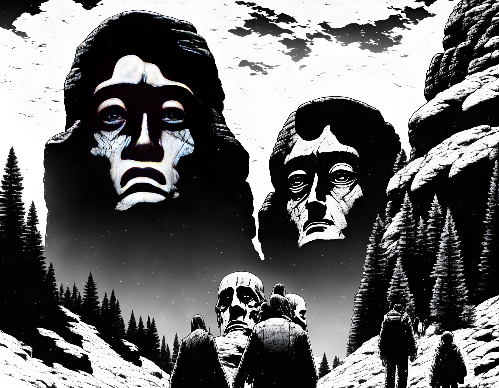 Monochrome surreal artwork: oversized human faces in snowy landscape