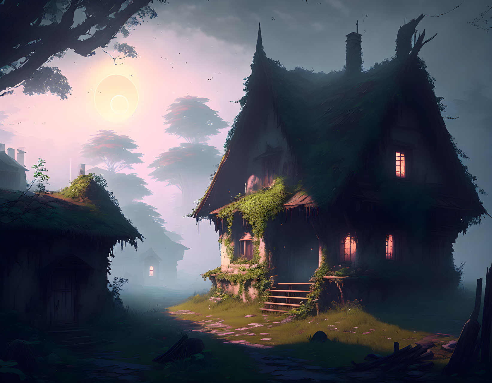 Thatched cottage in twilight forest with warm lights and mystical fog