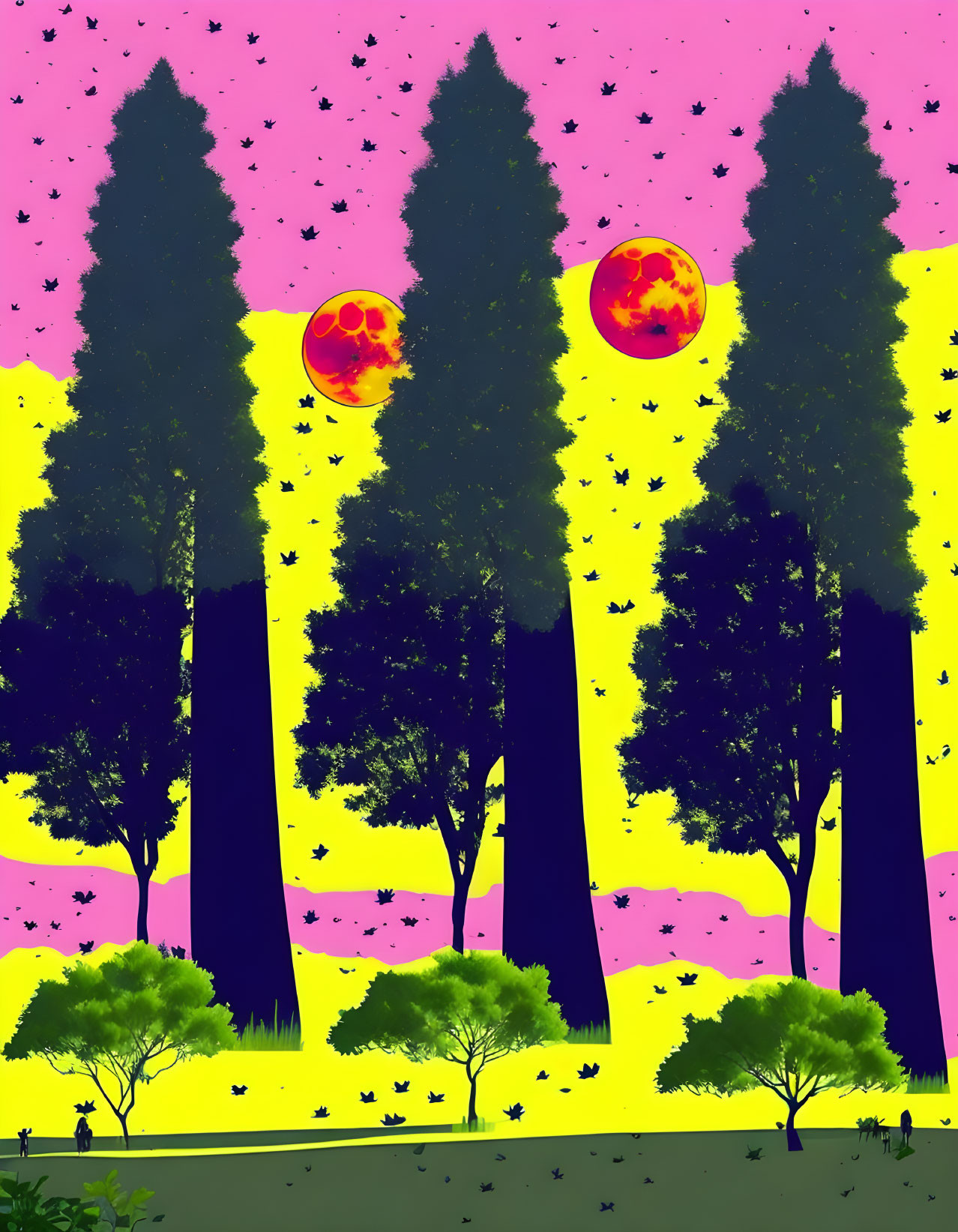 Surrealist landscape with dark trees, red suns, and bird silhouettes