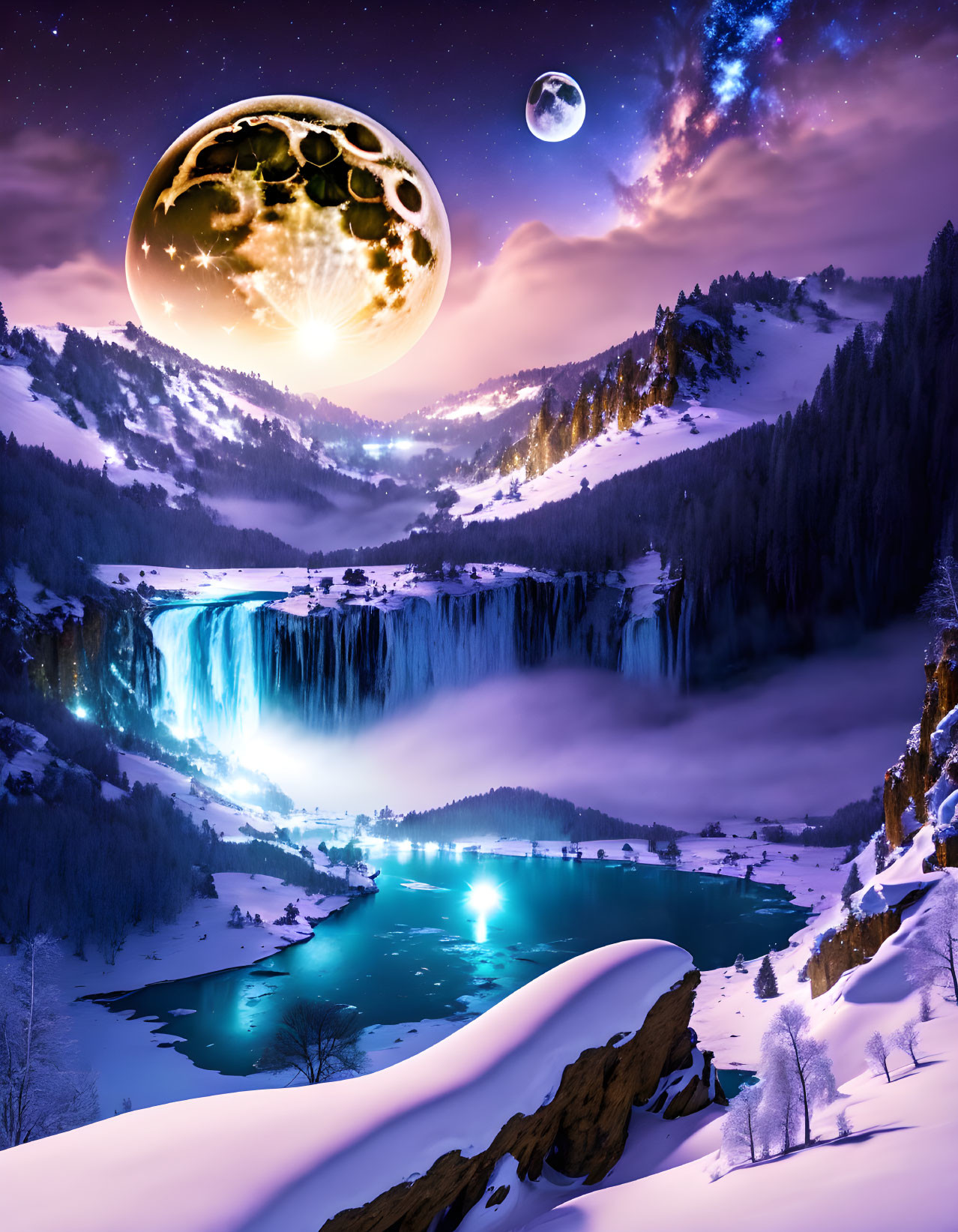 Fantasy winter night scene with moon, waterfalls, river, and snow-covered hills