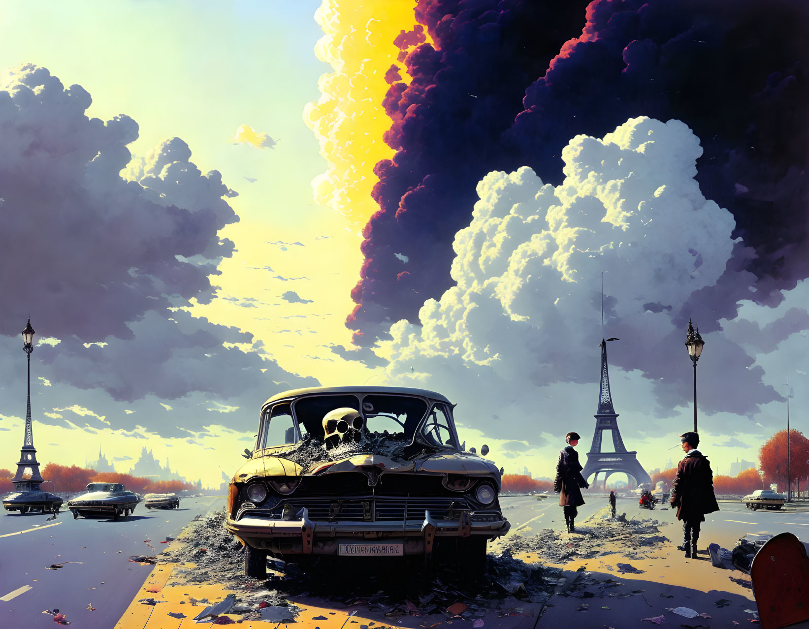 Vintage car with skull on hood, men in suits, surreal explosion of colors, Parisian backdrop with