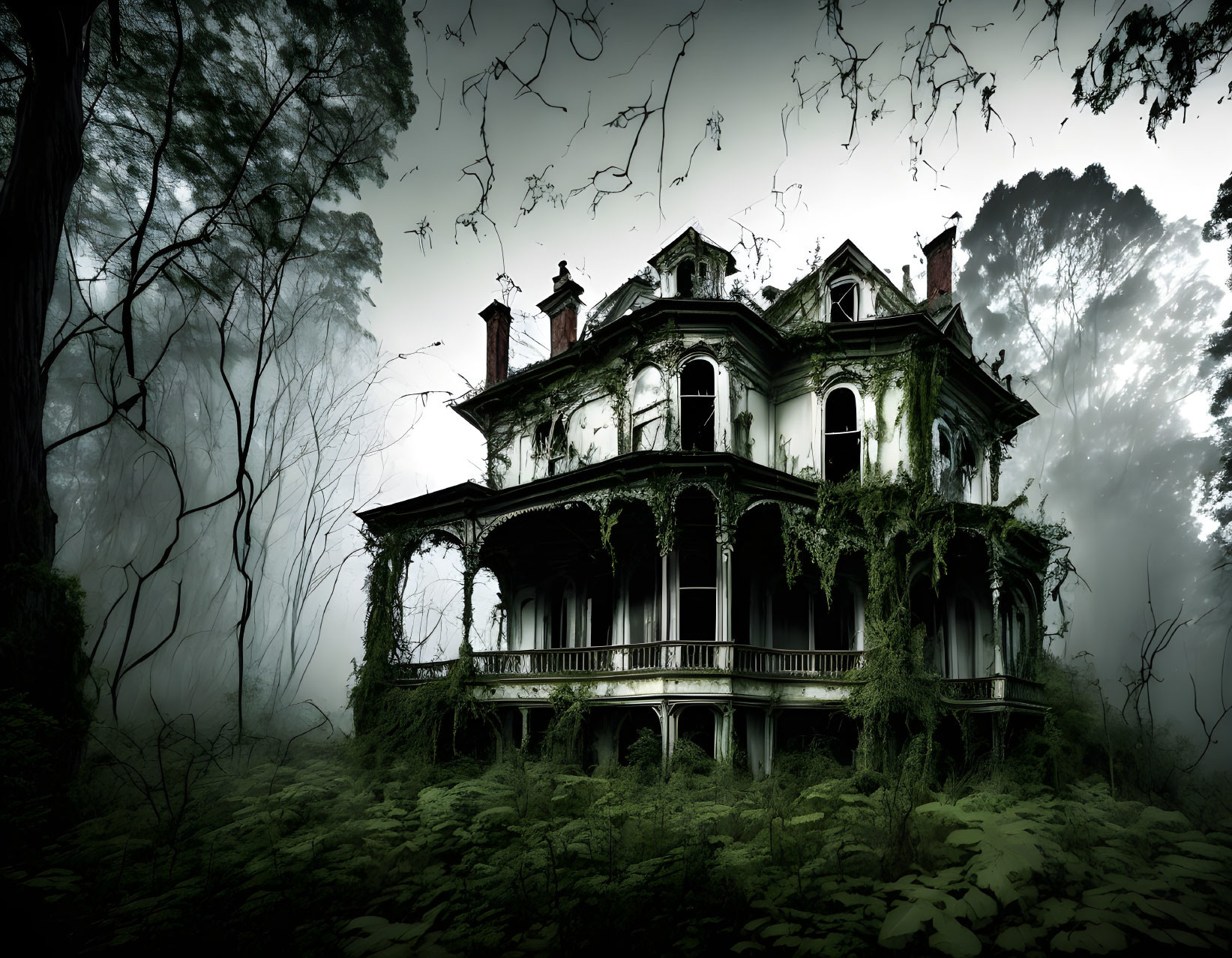 Desolate mansion shrouded in mist with overgrown vines