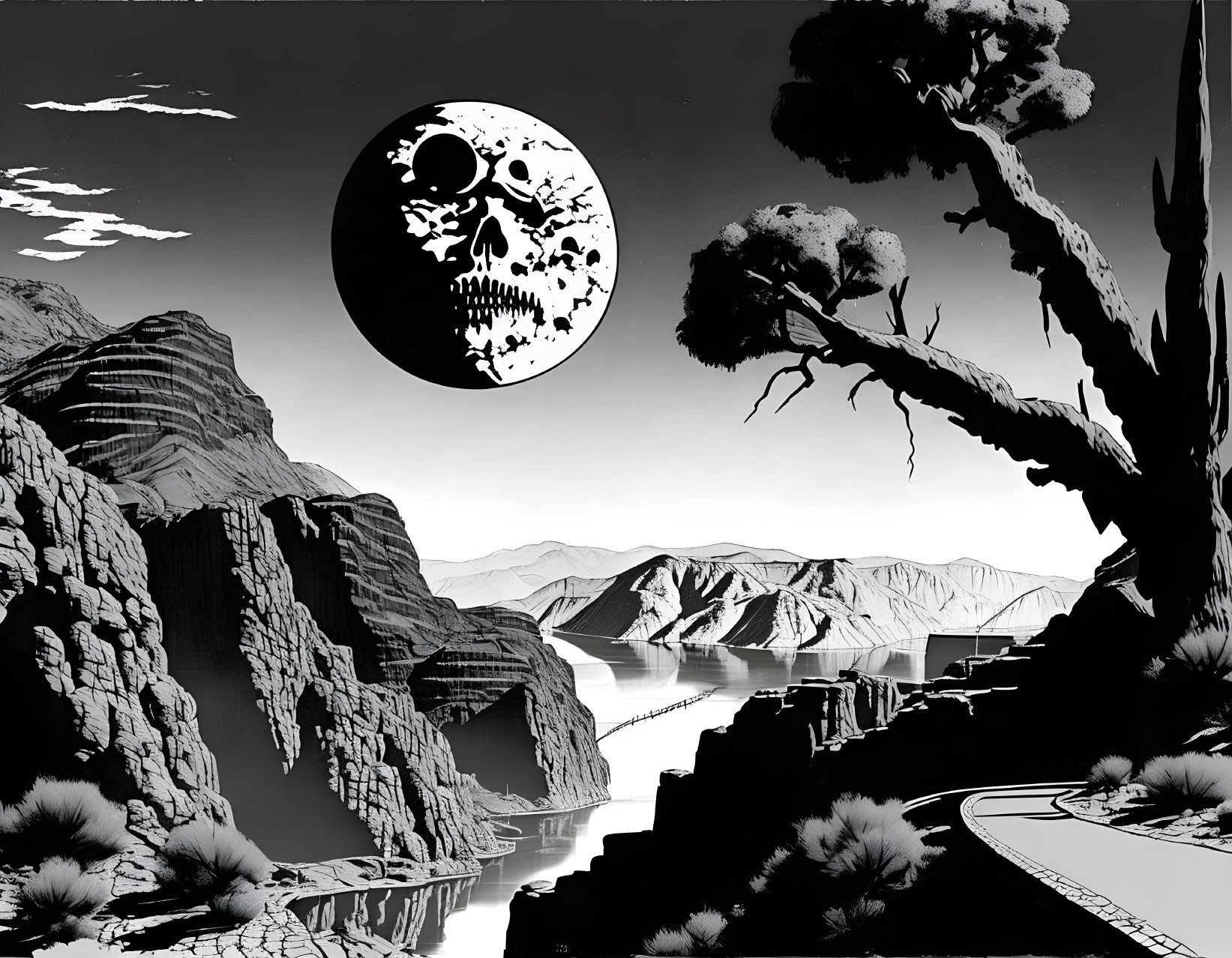 Monochrome landscape featuring stylized mountains, winding road, barren tree, and skull-patterned moon