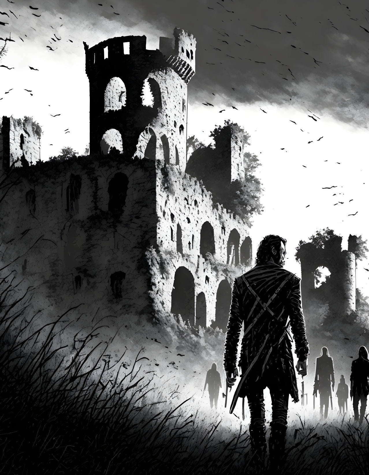 Silhouetted figure and ruined castle in murky landscape with shadowy individuals and circling birds