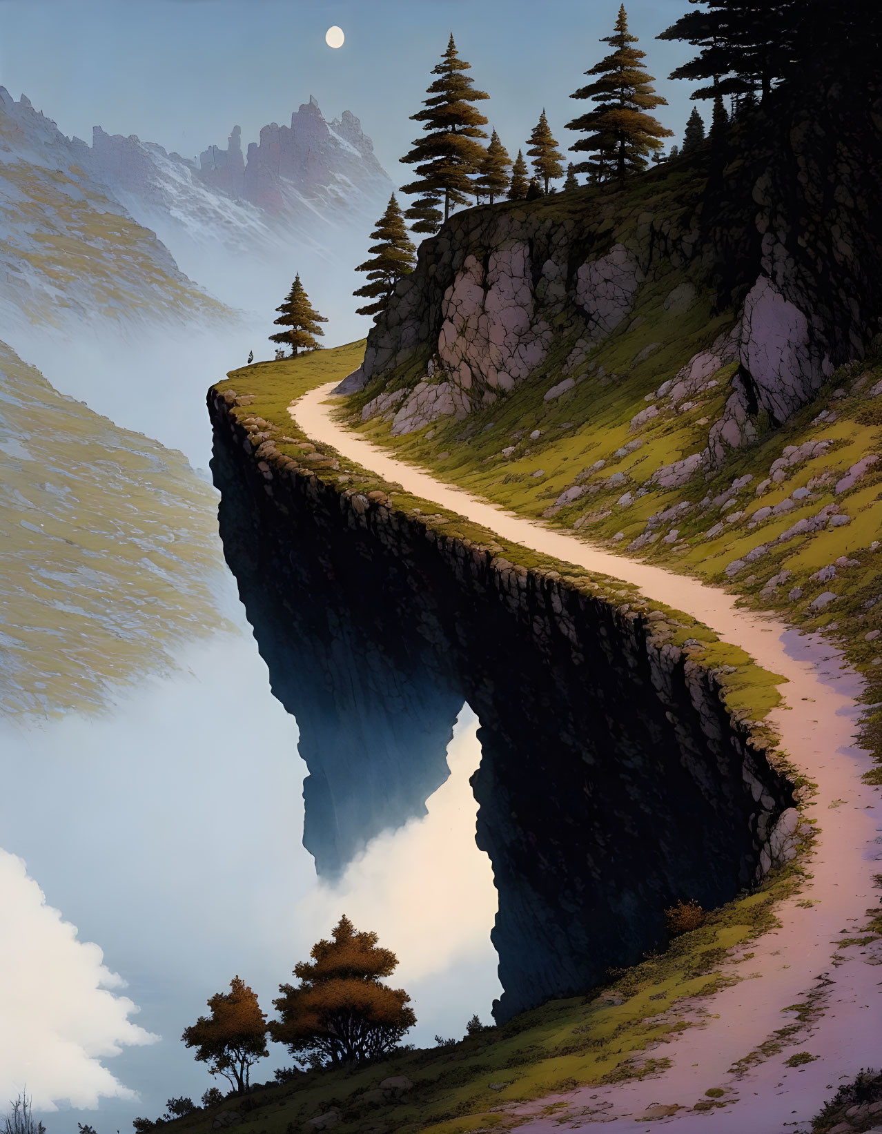 Scenic dirt path on cliff with pine trees and mountains in hazy sky
