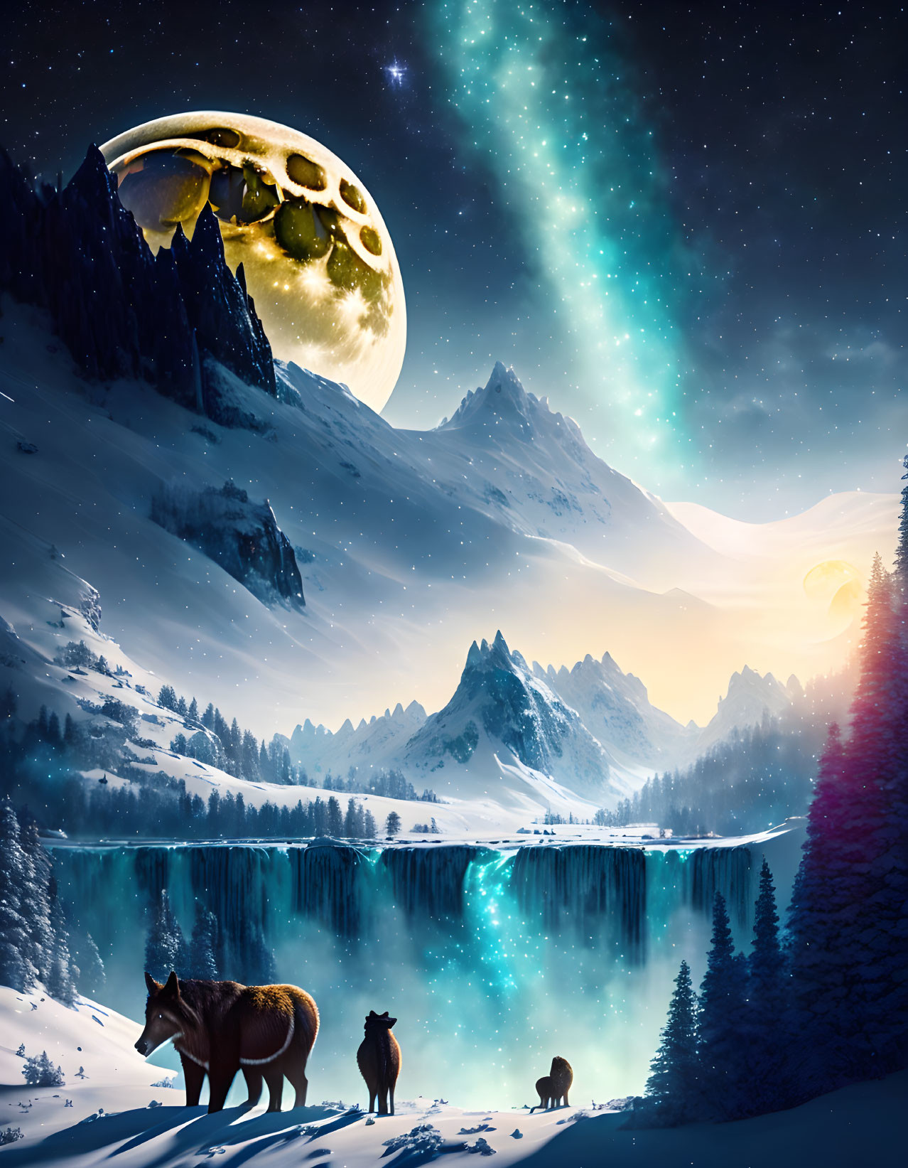 Surreal winter night scene: wolves, moon, northern lights, snow mountains