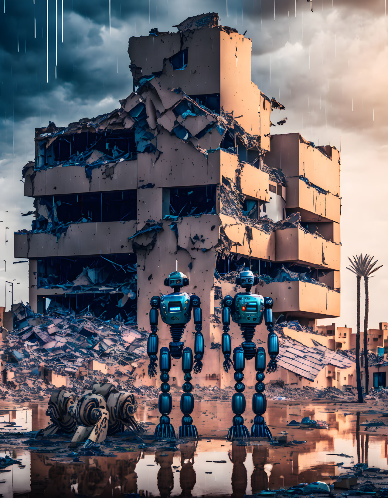 Three robots in ruins under gloomy sky with rain and water puddles.