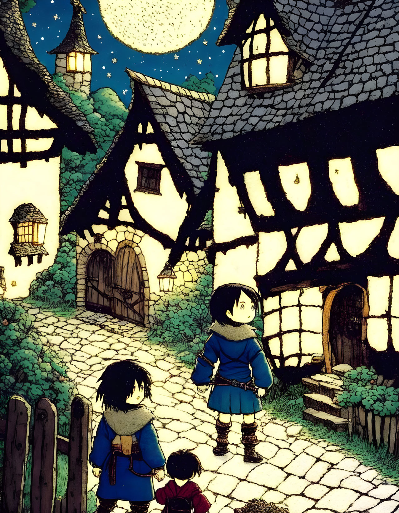 Three children in cobblestone street of quaint village at night