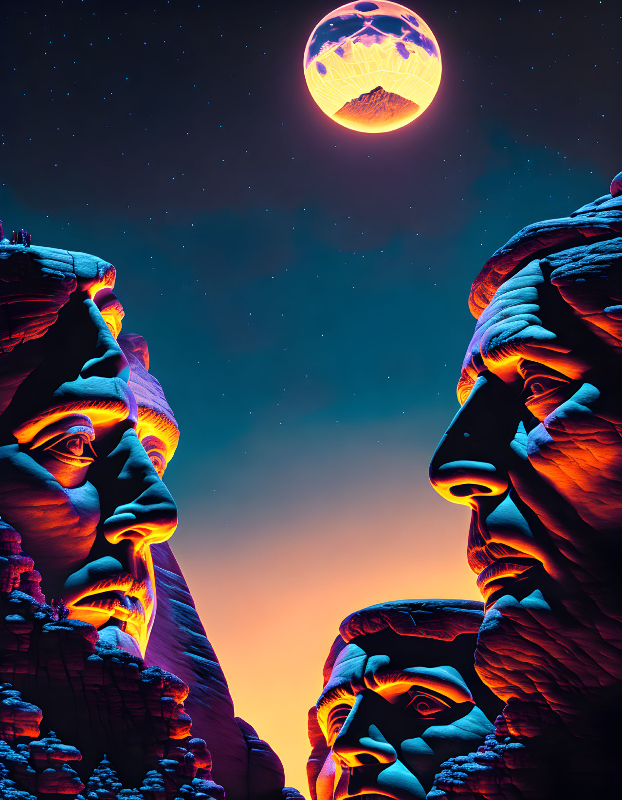 Surreal night landscape with giant rock formations and human-like faces under starry sky