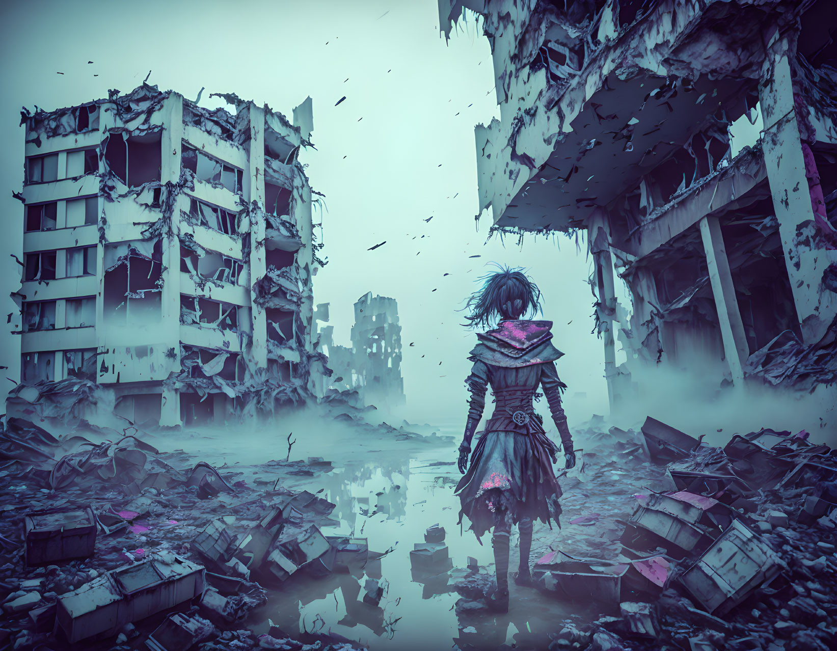 Blue-haired figure in dystopian ruins among flying papers and foggy backdrop