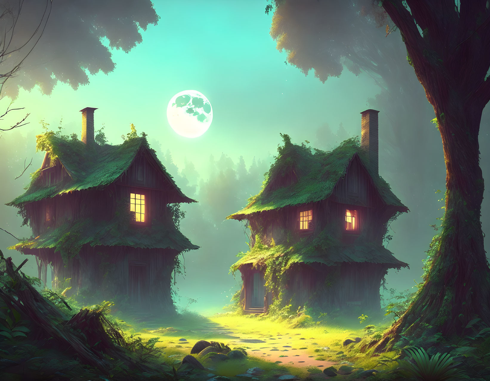 Mystical forest scene with two moss-covered houses under a green moon