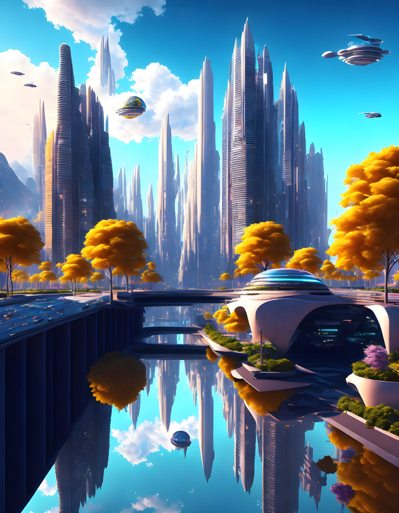 Futuristic cityscape with crystalline skyscrapers and flying vehicles