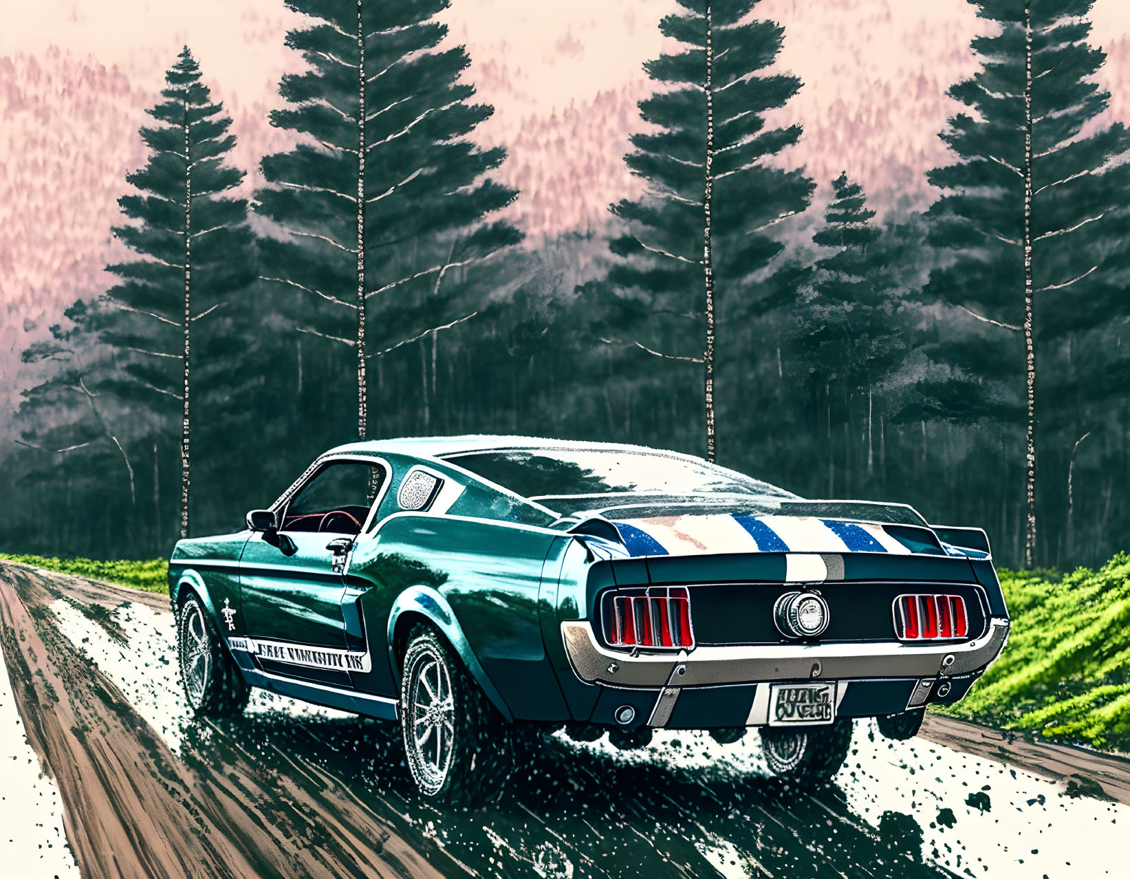 Vintage green Mustang with white stripes on dirt road surrounded by pine trees and mountains