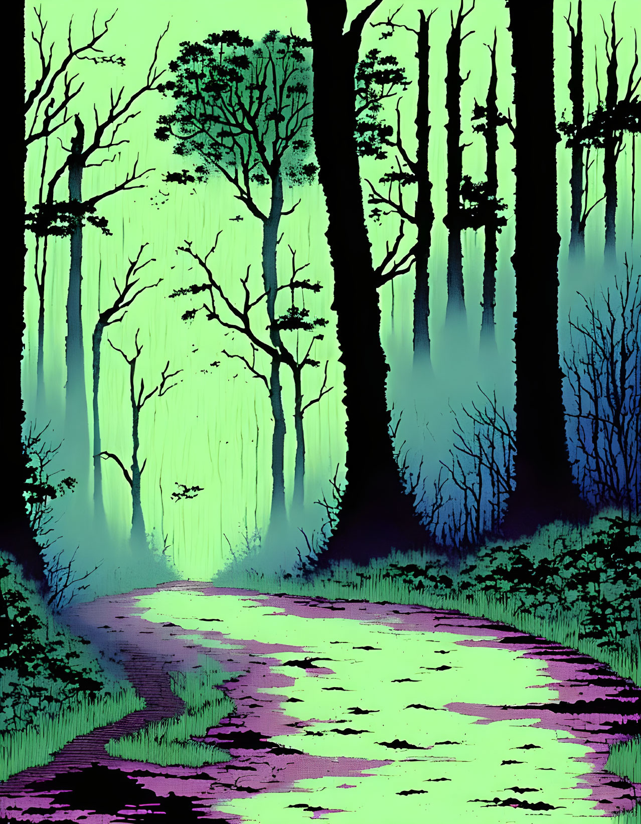 Mystical forest path with tall trees and glowing green ambiance