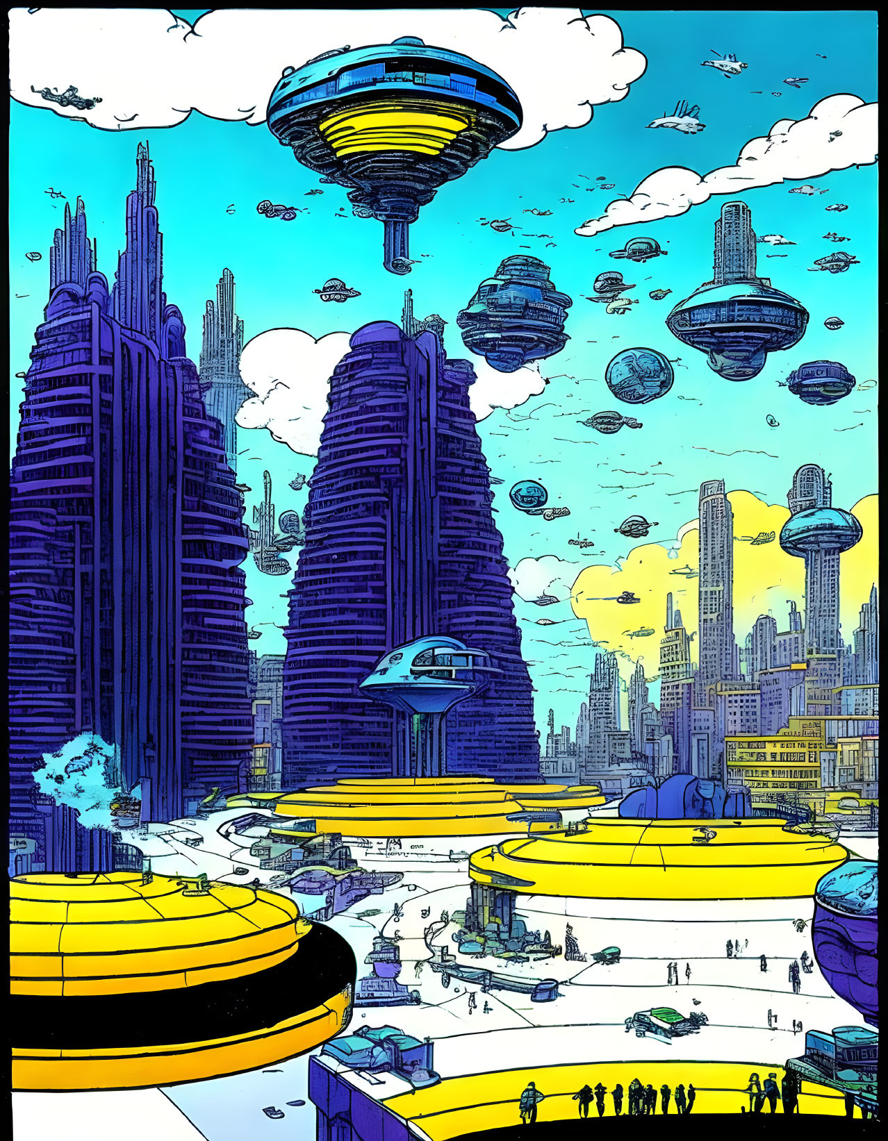 Futuristic cityscape with skyscrapers and floating structures on blue sky