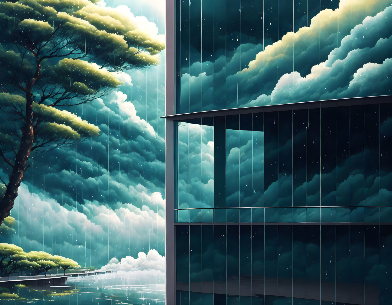 Glass building reflects stormy clouds with rain, green trees, dramatic sky