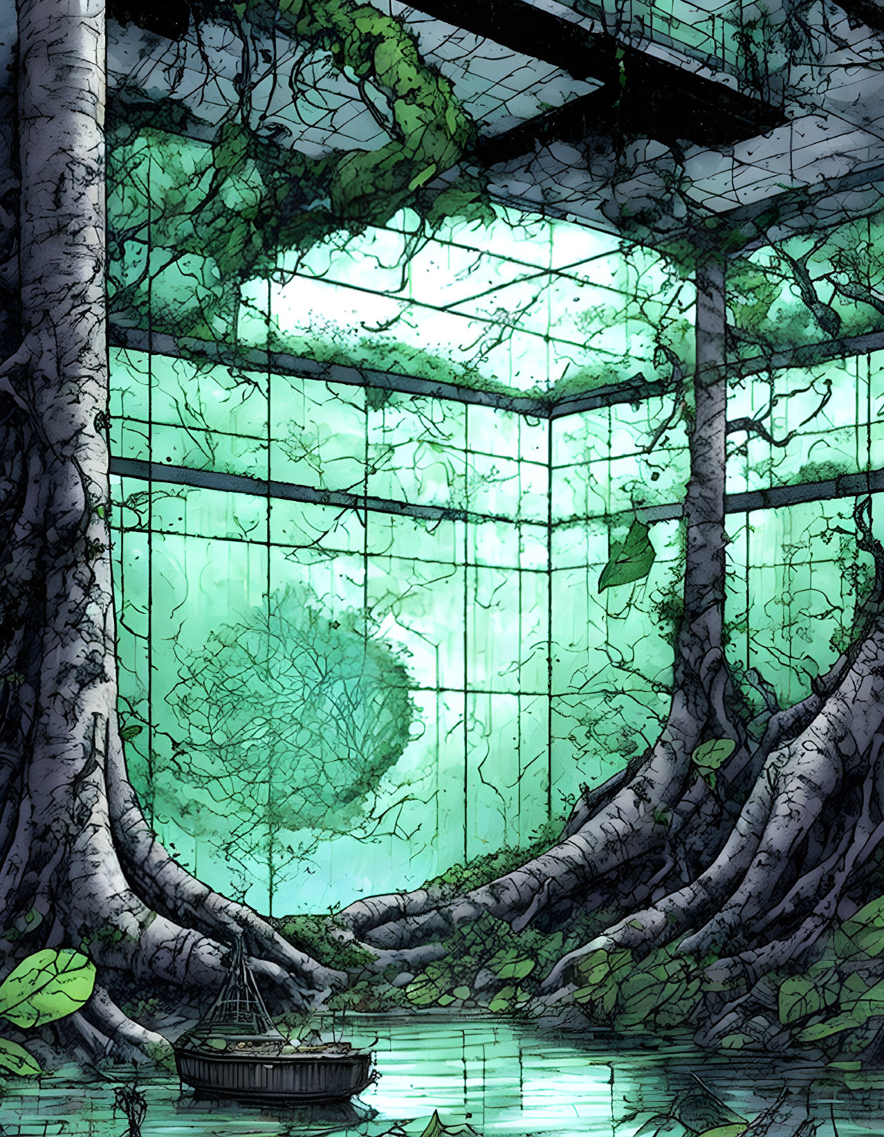 Illustrated scene of small boat in futuristic greenhouse with massive trees and overgrown foliage.