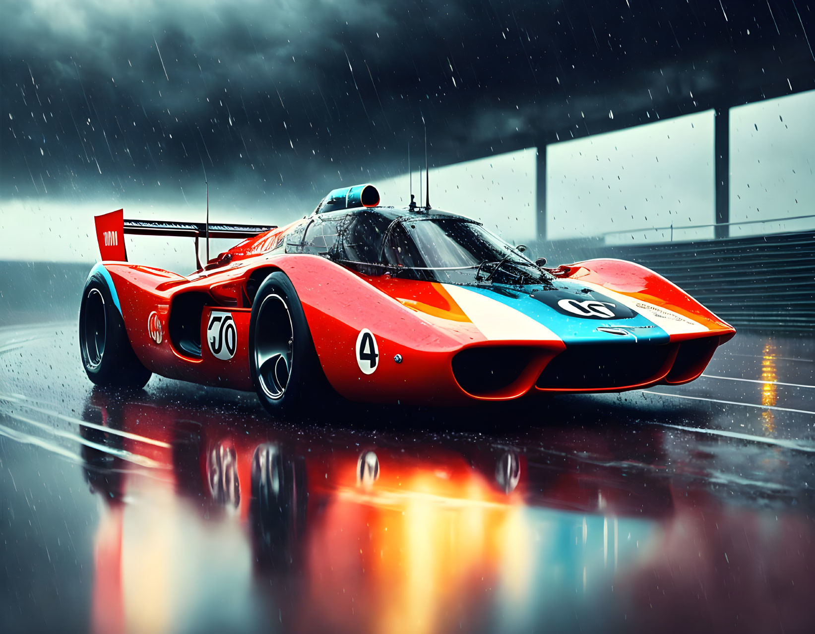 Vintage Red and Blue Racing Car on Rainy Track with Number 6 in Stormy Setting