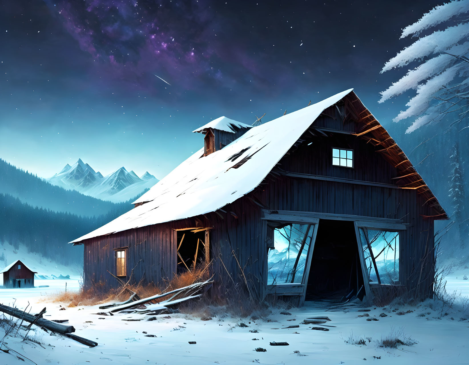 Snowy Night Landscape: Lit Barn, Starry Skies, Mountains