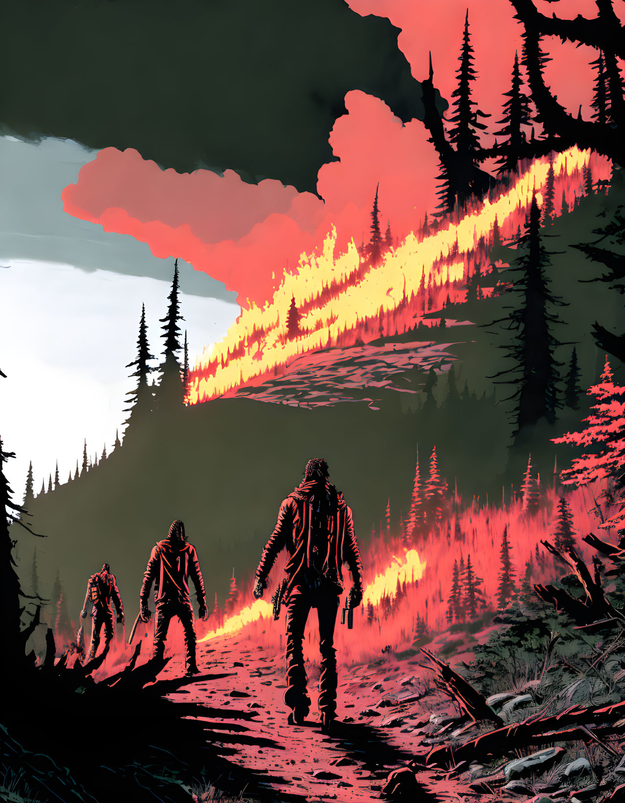 Three individuals observe a massive forest fire under a sky illuminated in red and orange, creating long shadows.