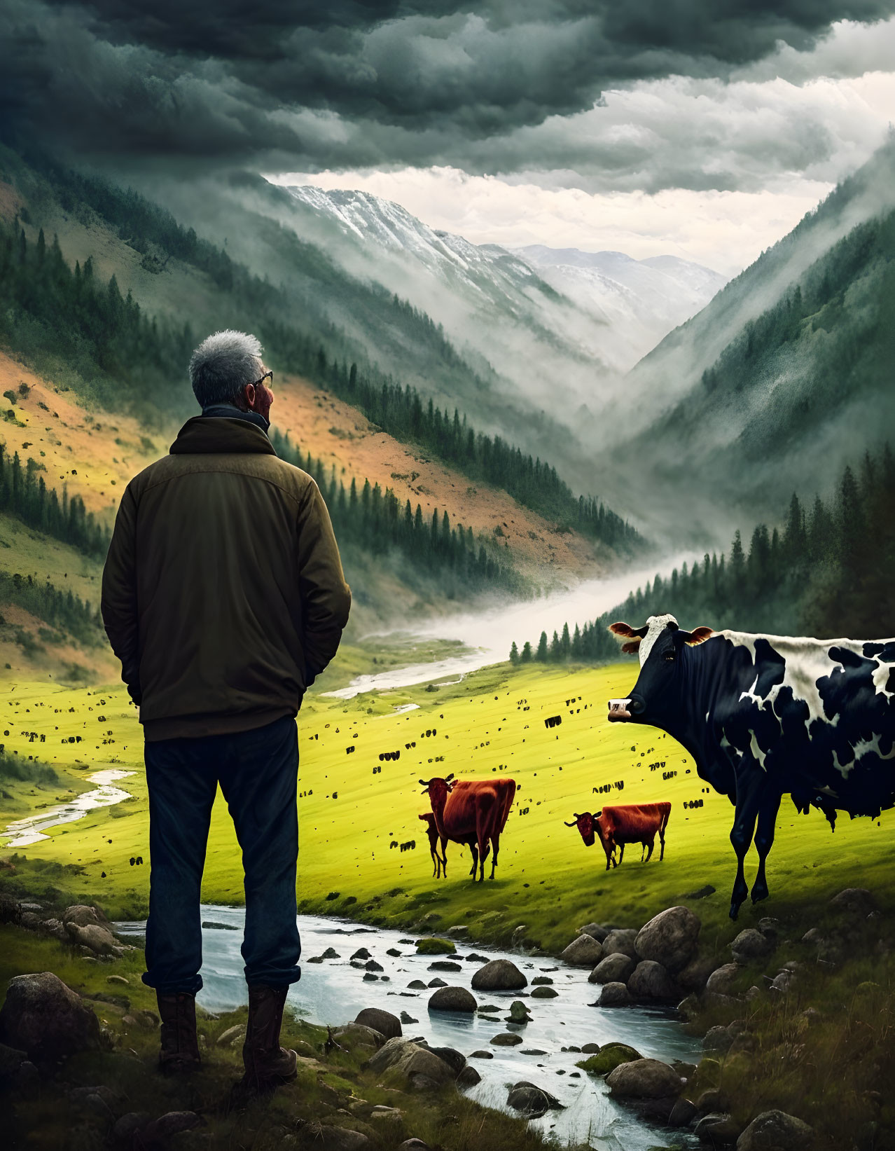 Man observing cattle in misty mountain valley with stream