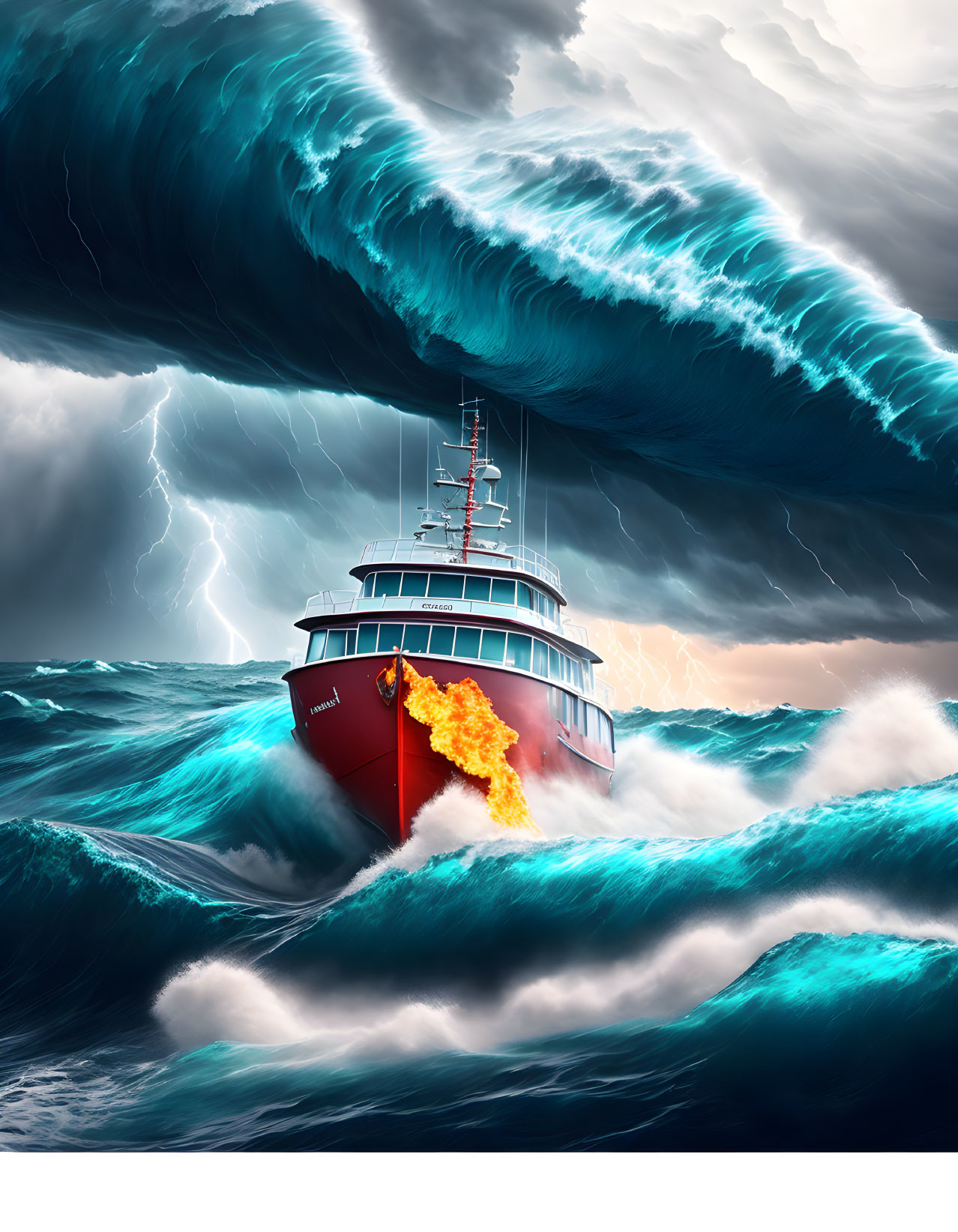 Red Ship Battling Stormy Seas with Ominous Waves and Lightning