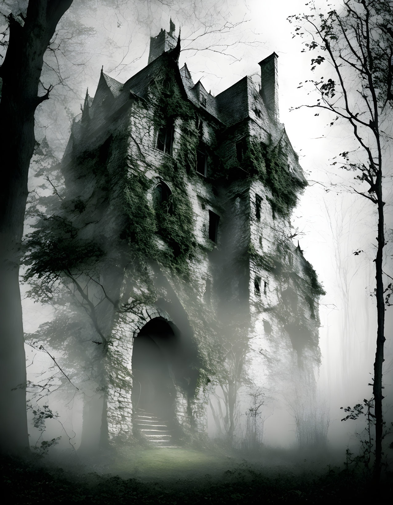 Desolate gothic mansion in foggy forest setting