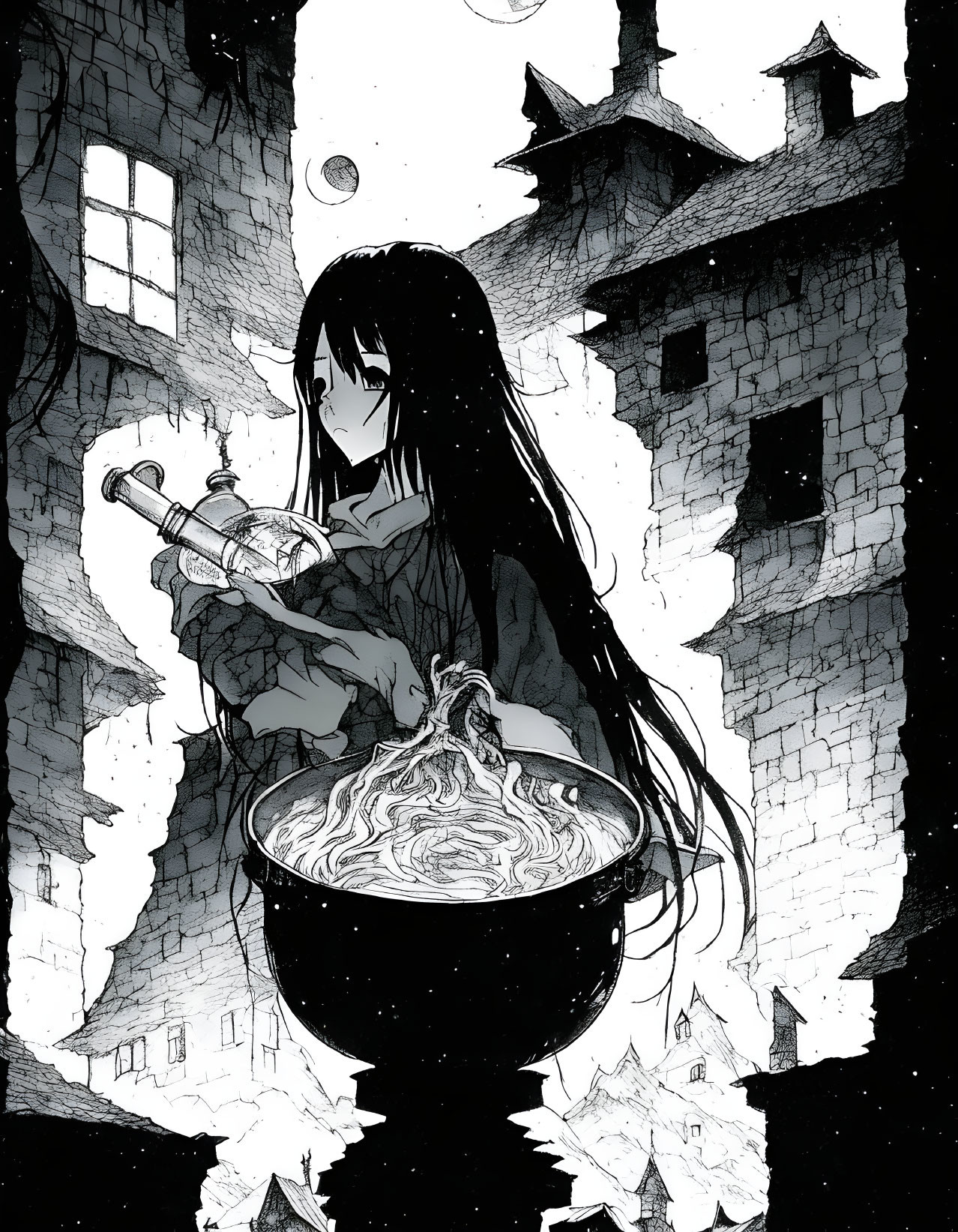 Monochrome illustration of girl pouring liquid into cauldron amid medieval buildings