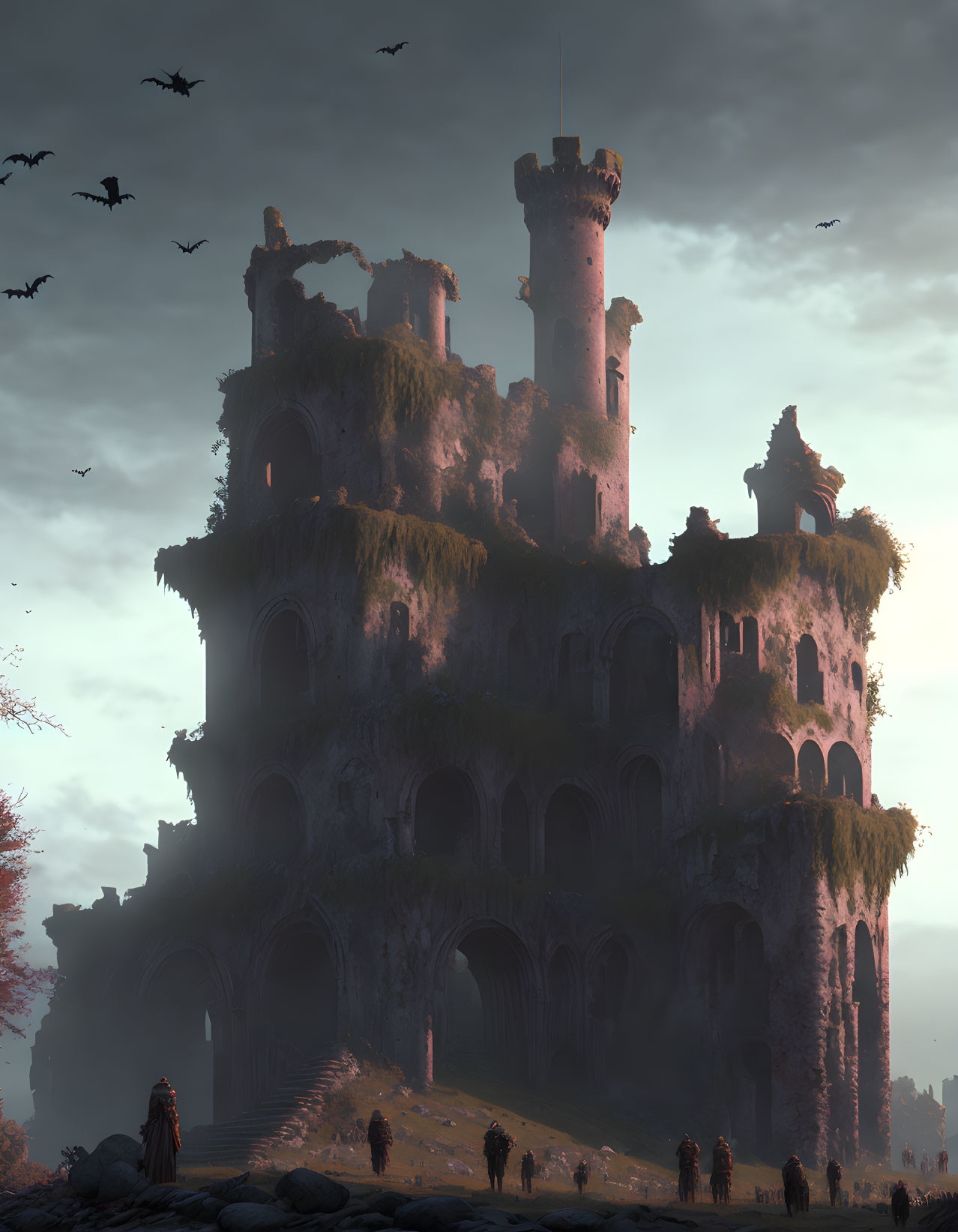 Abandoned castle ruins with central spire, birds, and silhouetted figures at dusk