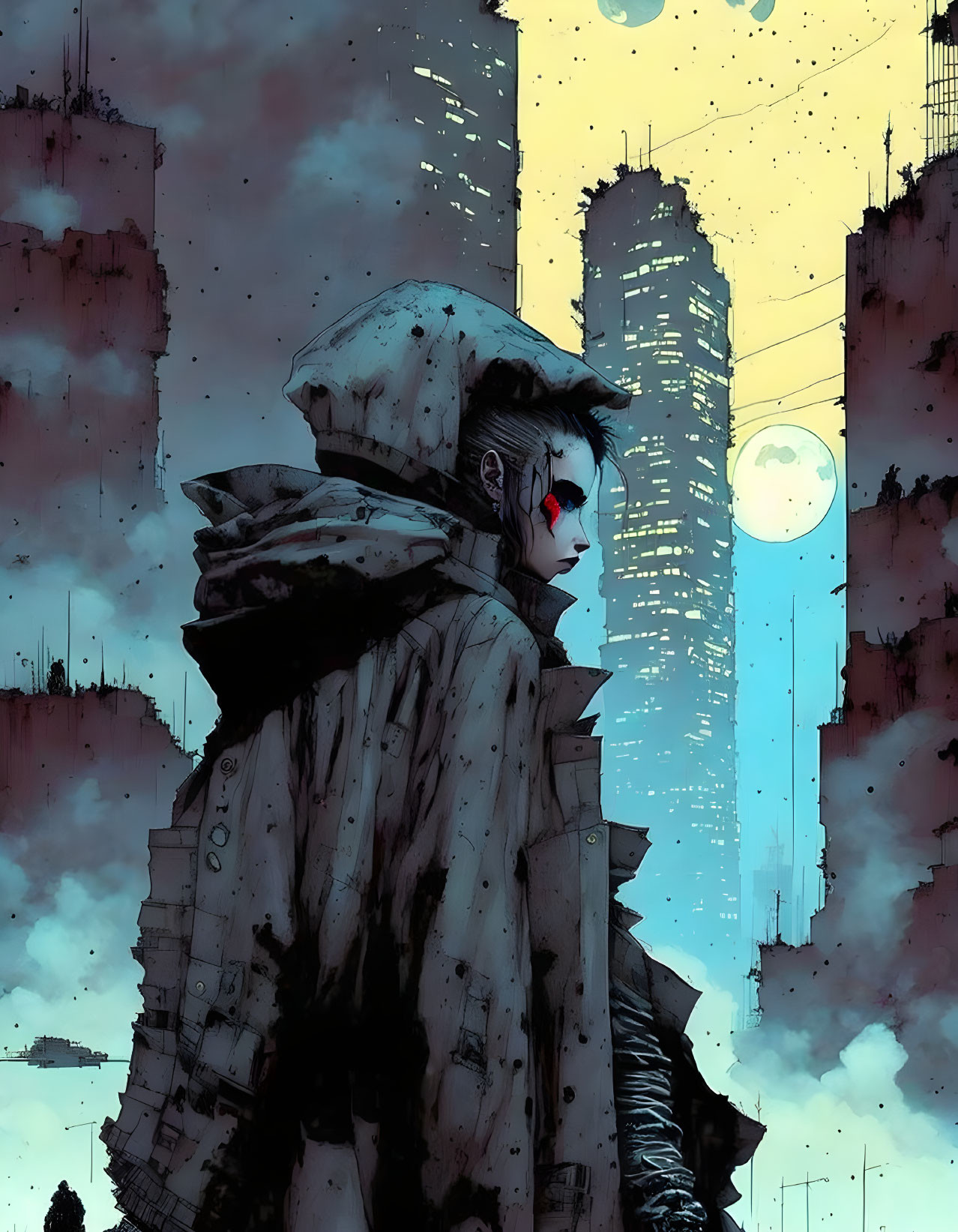 Futuristic illustration of person in hooded coat with red eye paint in blue cityscape