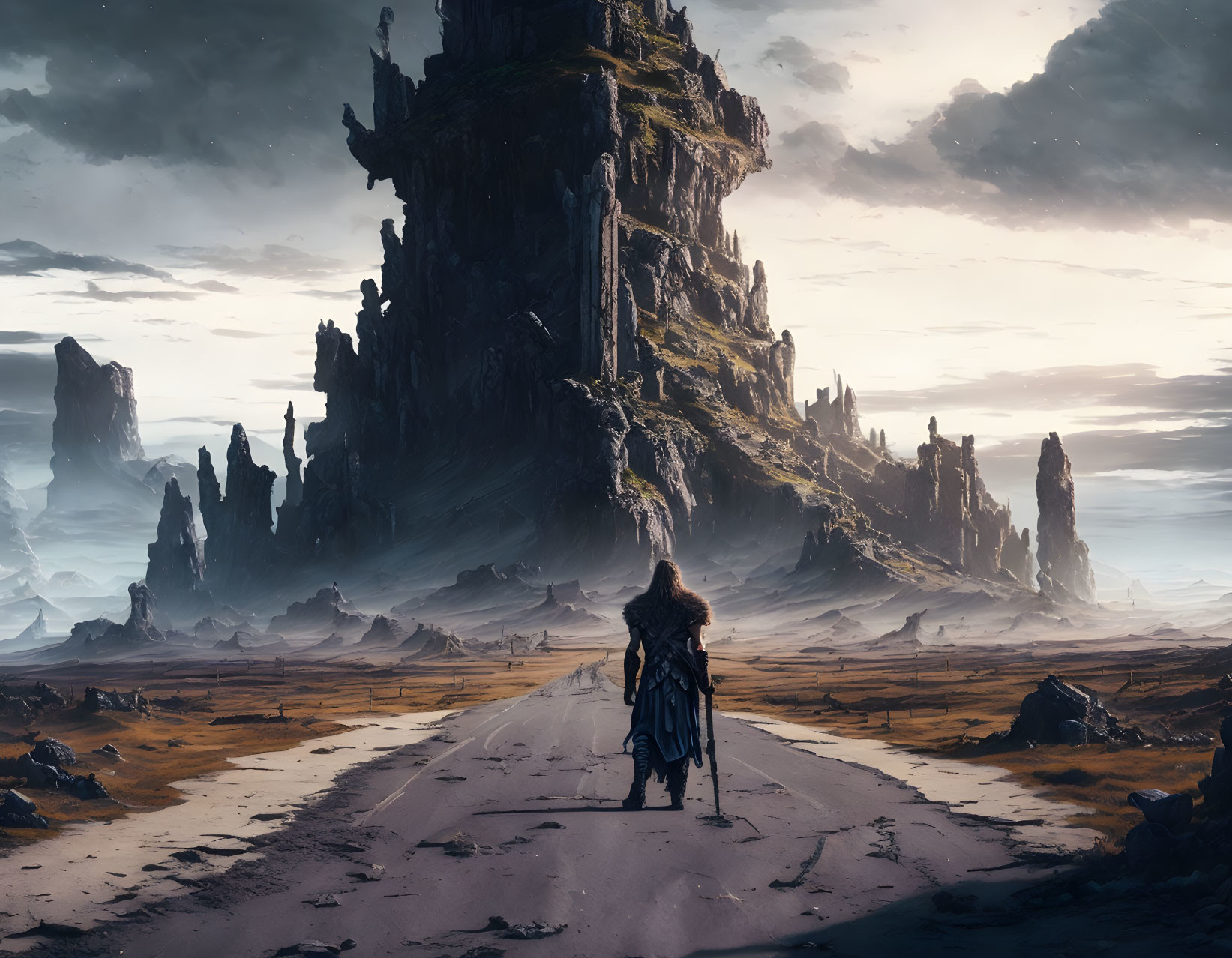 Solitary figure with staff on desolate path near towering rocky structure