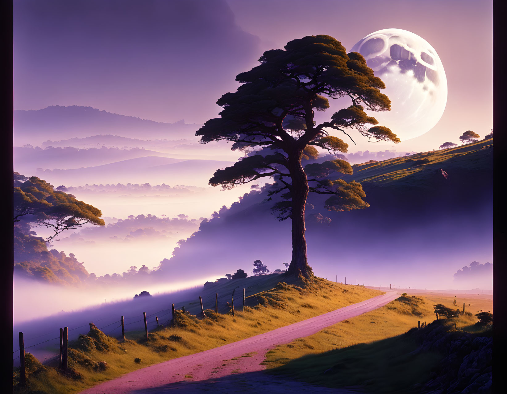 Tranquil dusk landscape: large tree, winding road, misty valleys, and purple sky moon