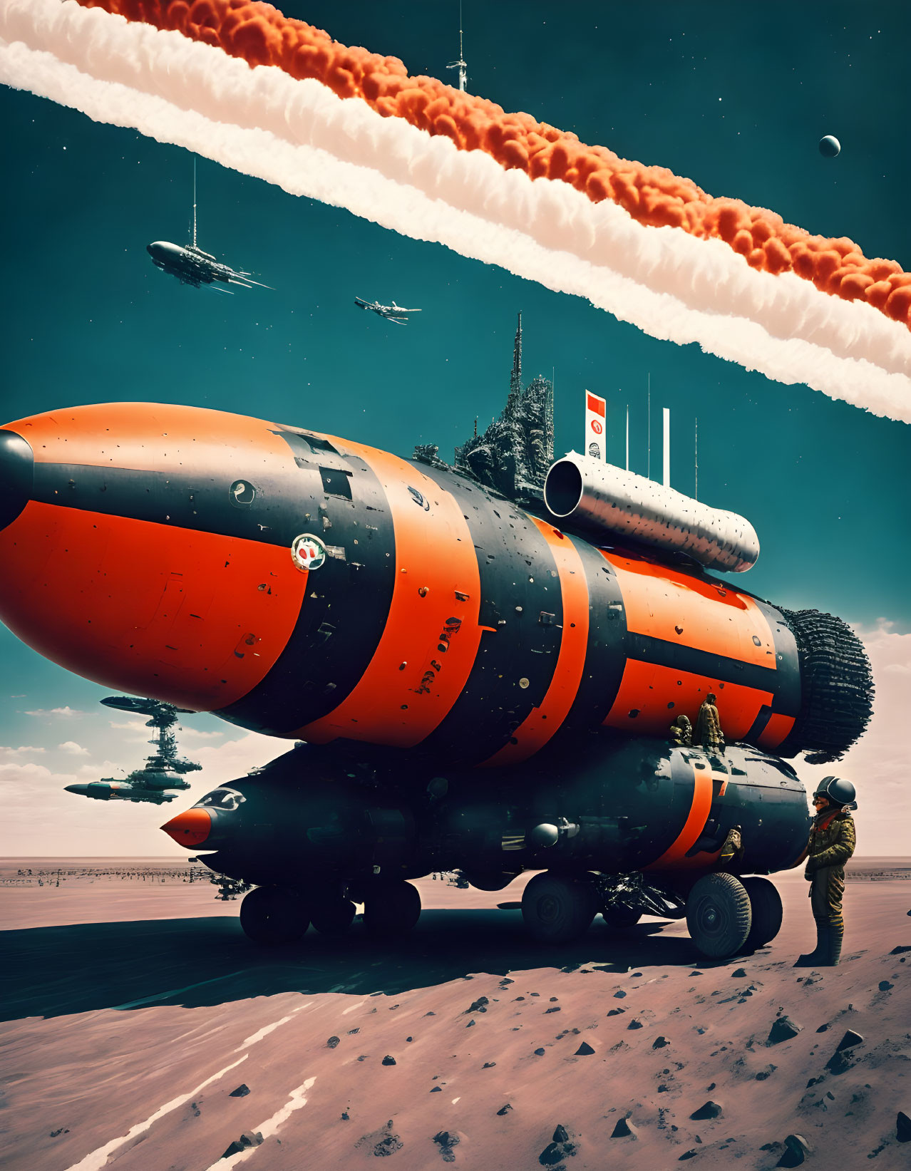 Astronaut views giant orange and black rocket on desert launchpad