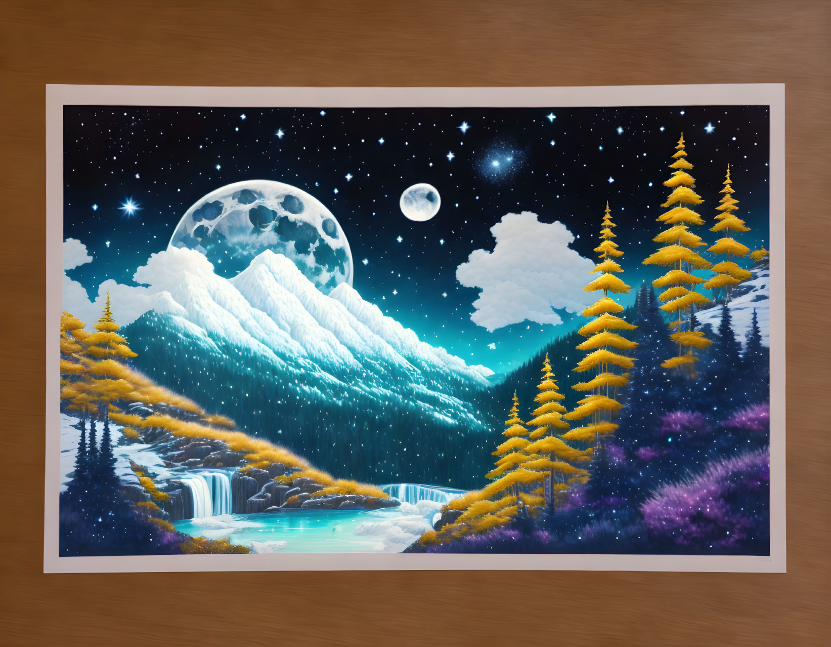 Nighttime mountain landscape with full moon, stars, pine trees, waterfall, and river