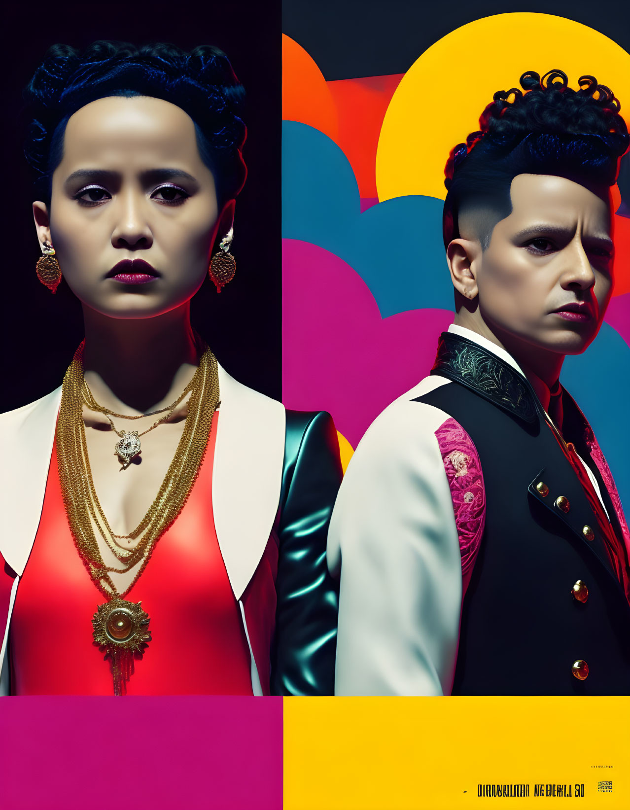 Fashionable portrait of two individuals with unique styles against vibrant geometric background