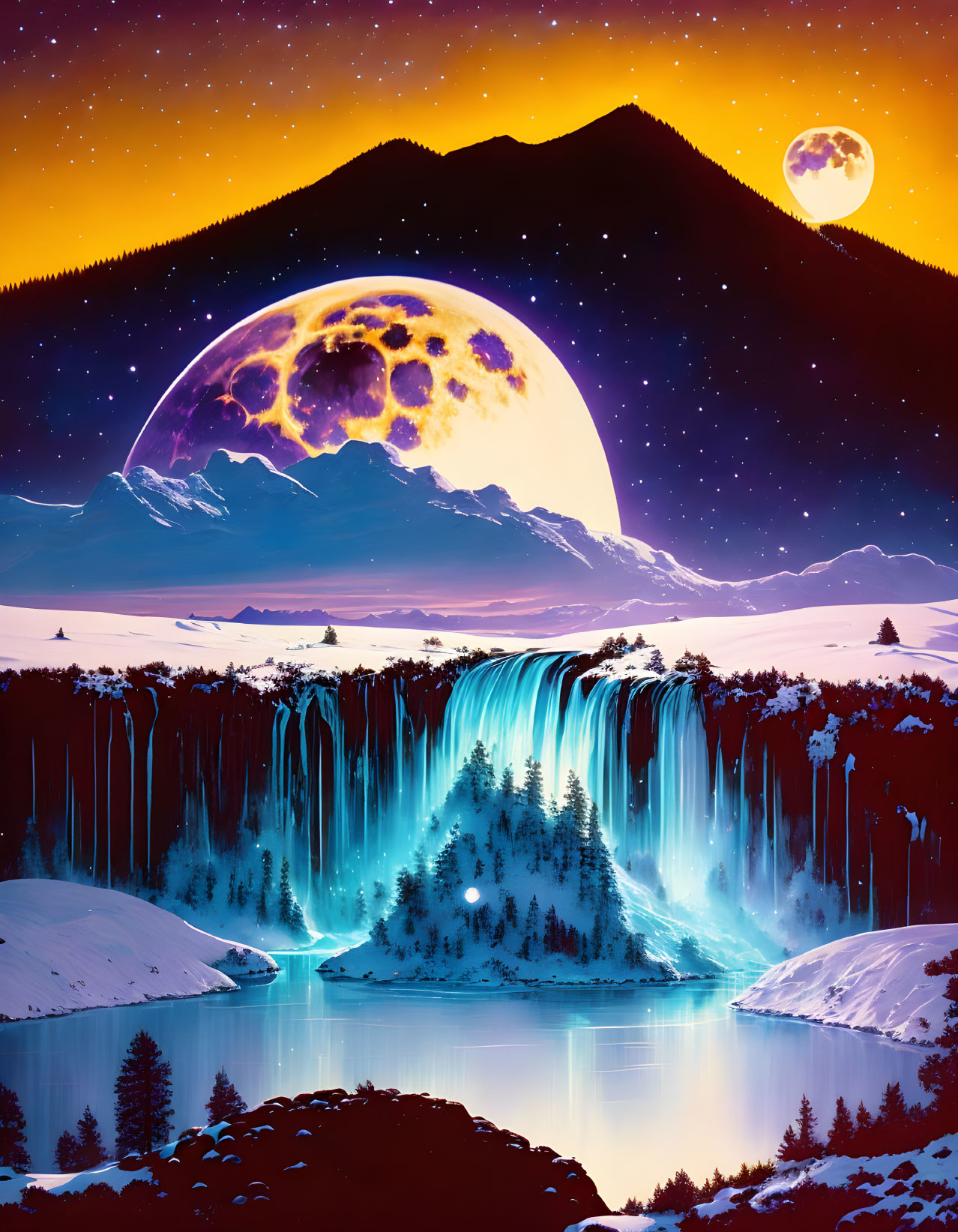 Fantasy landscape with waterfall, snow, moon, mountains, and stars