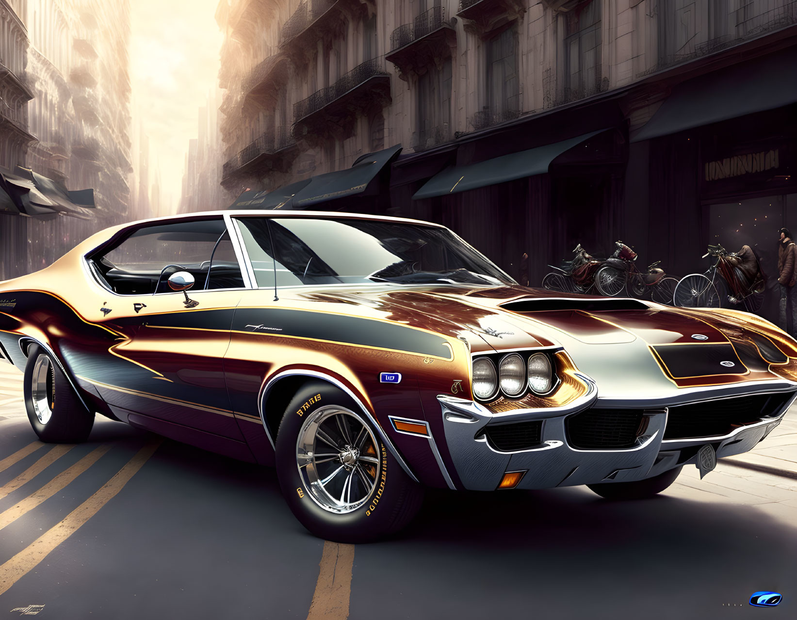 Vintage Muscle Car with Black and Orange Paint Job on Urban Street