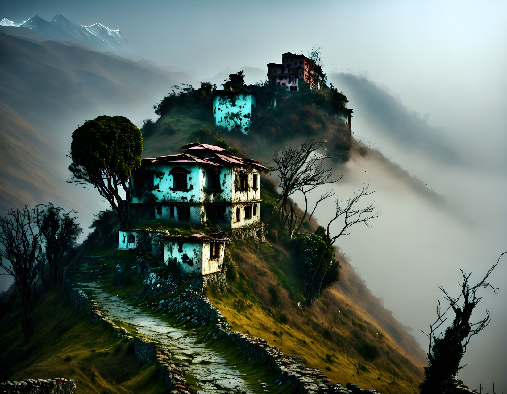 Abandoned building on misty hill with snow-capped mountains