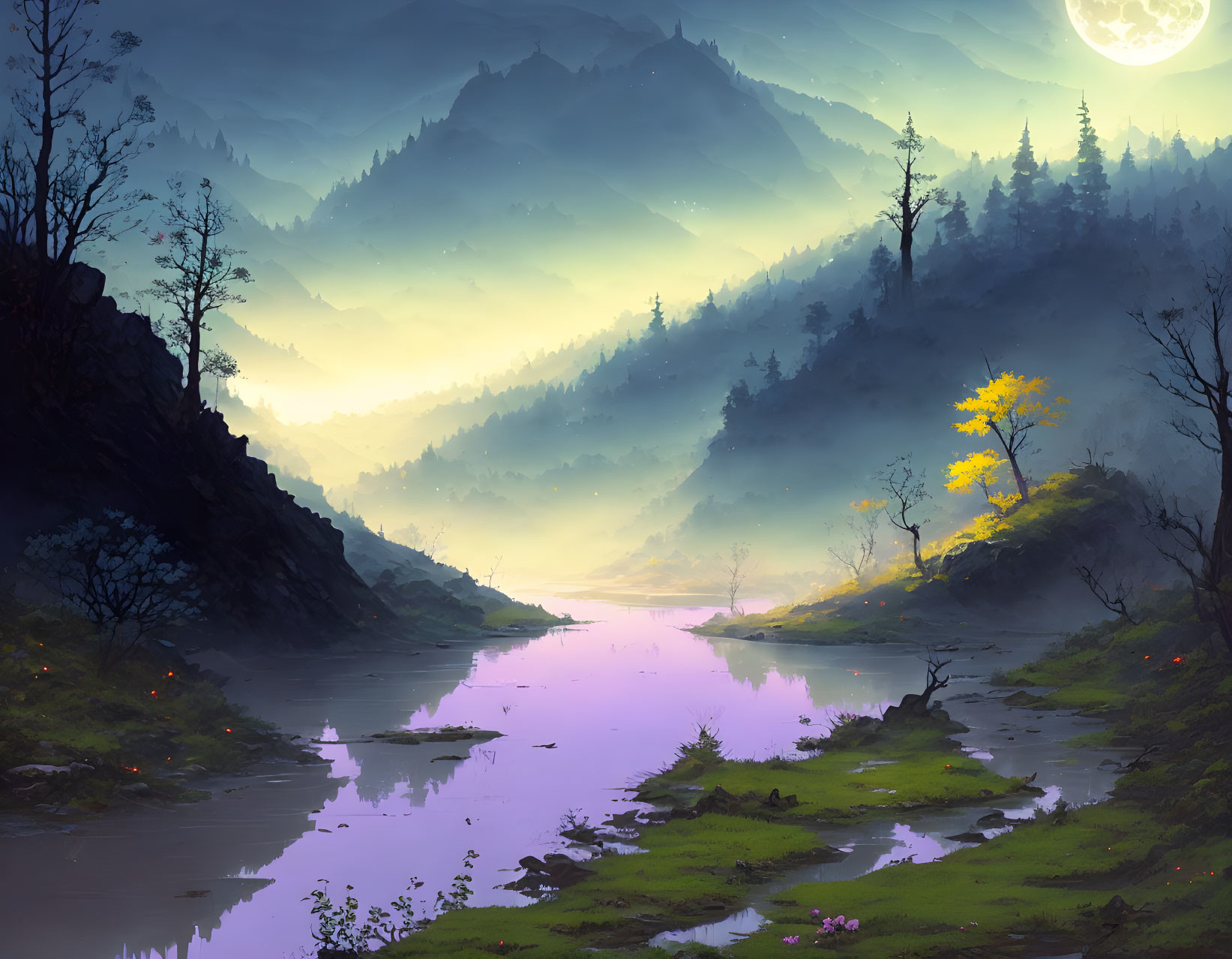 Misty Dusk Landscape: River, Mountains, Yellow Tree