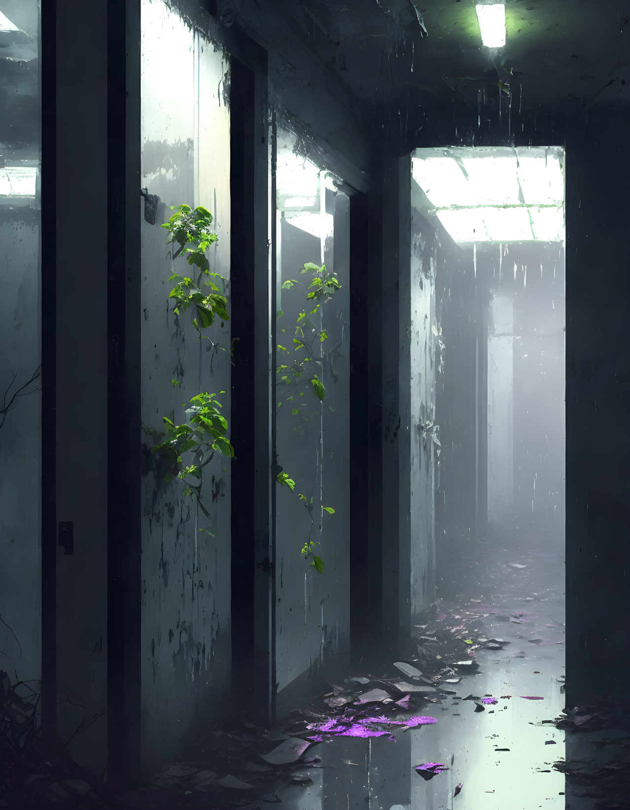 Dimly Lit Corridor with Overgrown Plants and Dripping Water