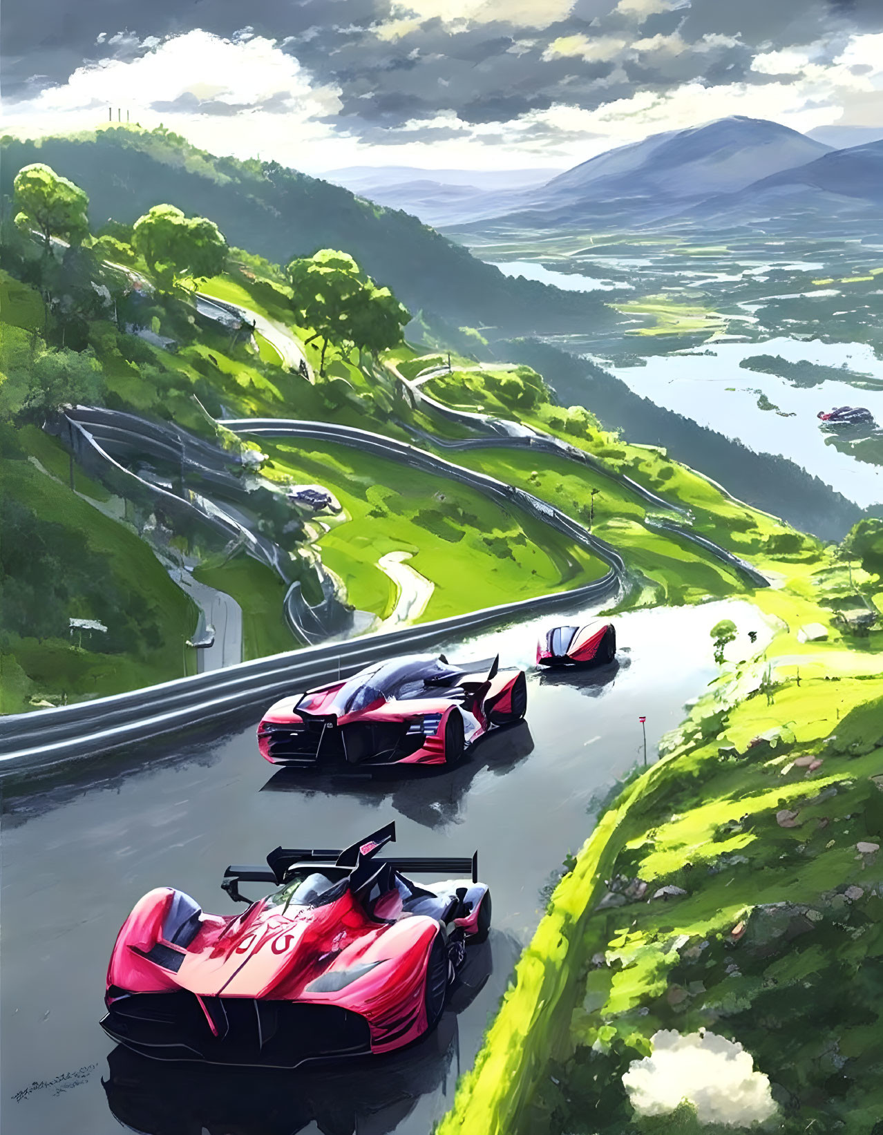 Futuristic red race cars on winding mountain road