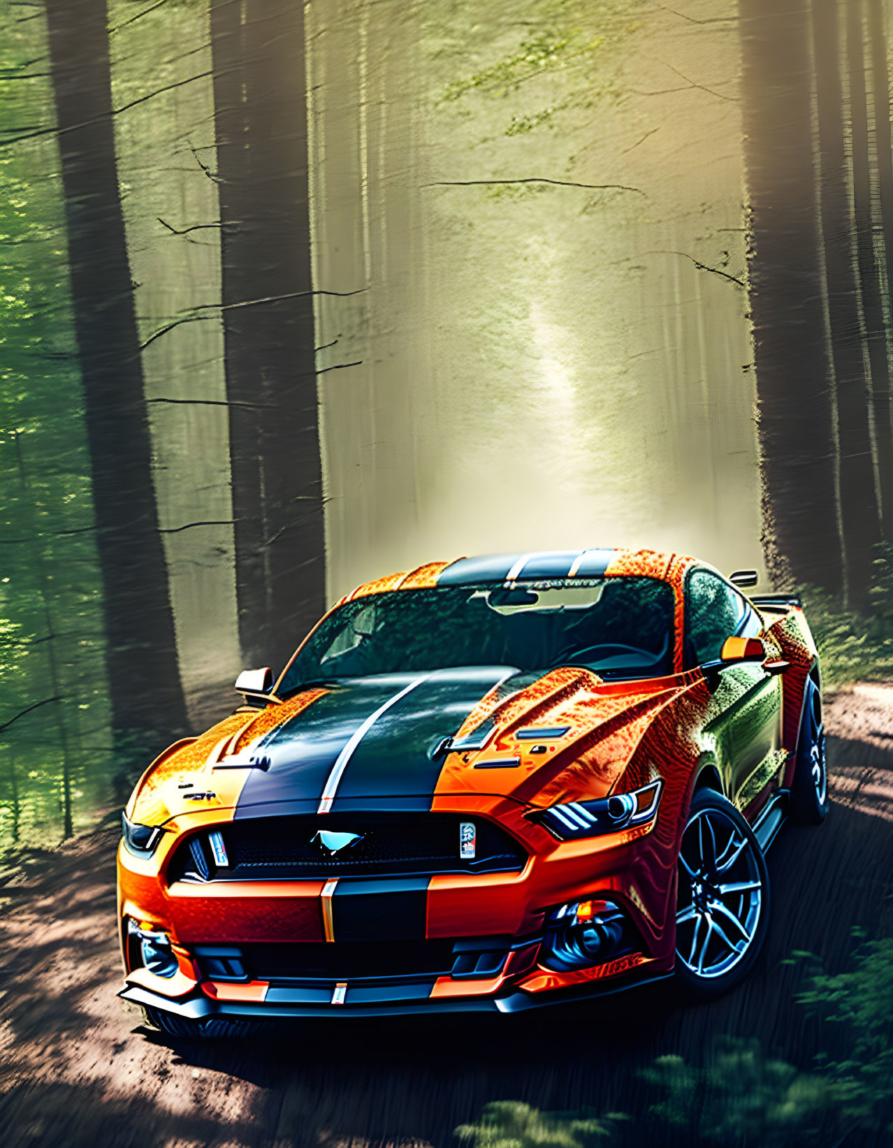 Bright Orange Sports Car with Racing Stripes in Forest Sunlight