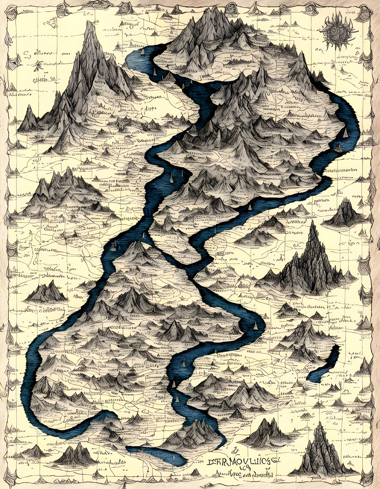 Hand-drawn fantasy map: Winding river, mountainous terrain, annotations & symbols