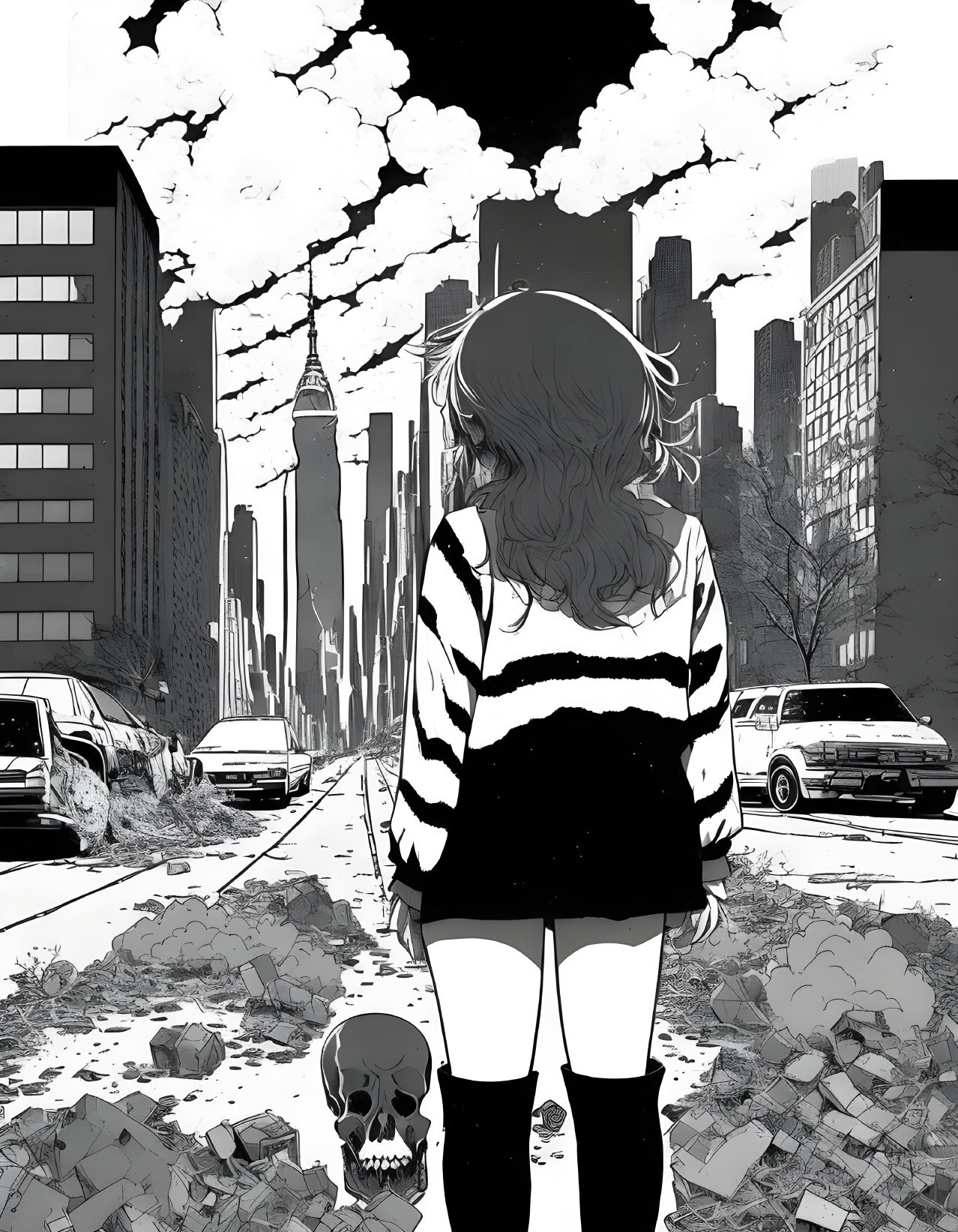 Monochrome illustration of a girl in desolate city street with skull and skyscrapers